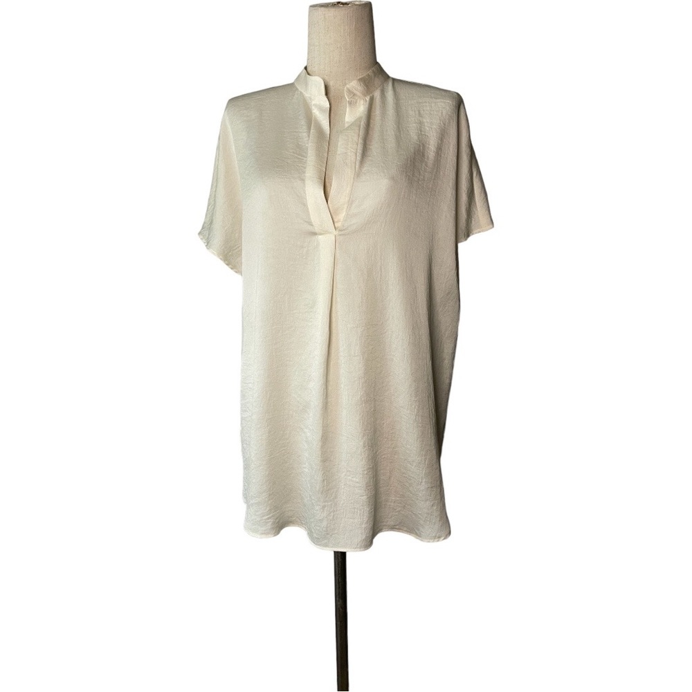 Zara Basic Ivory Cap Sleeve Split Neck Blouse - image 1